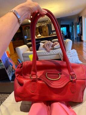 Sofia C Italian Red Pebbled Leather Satchel Handbag Gold Hardware Structured